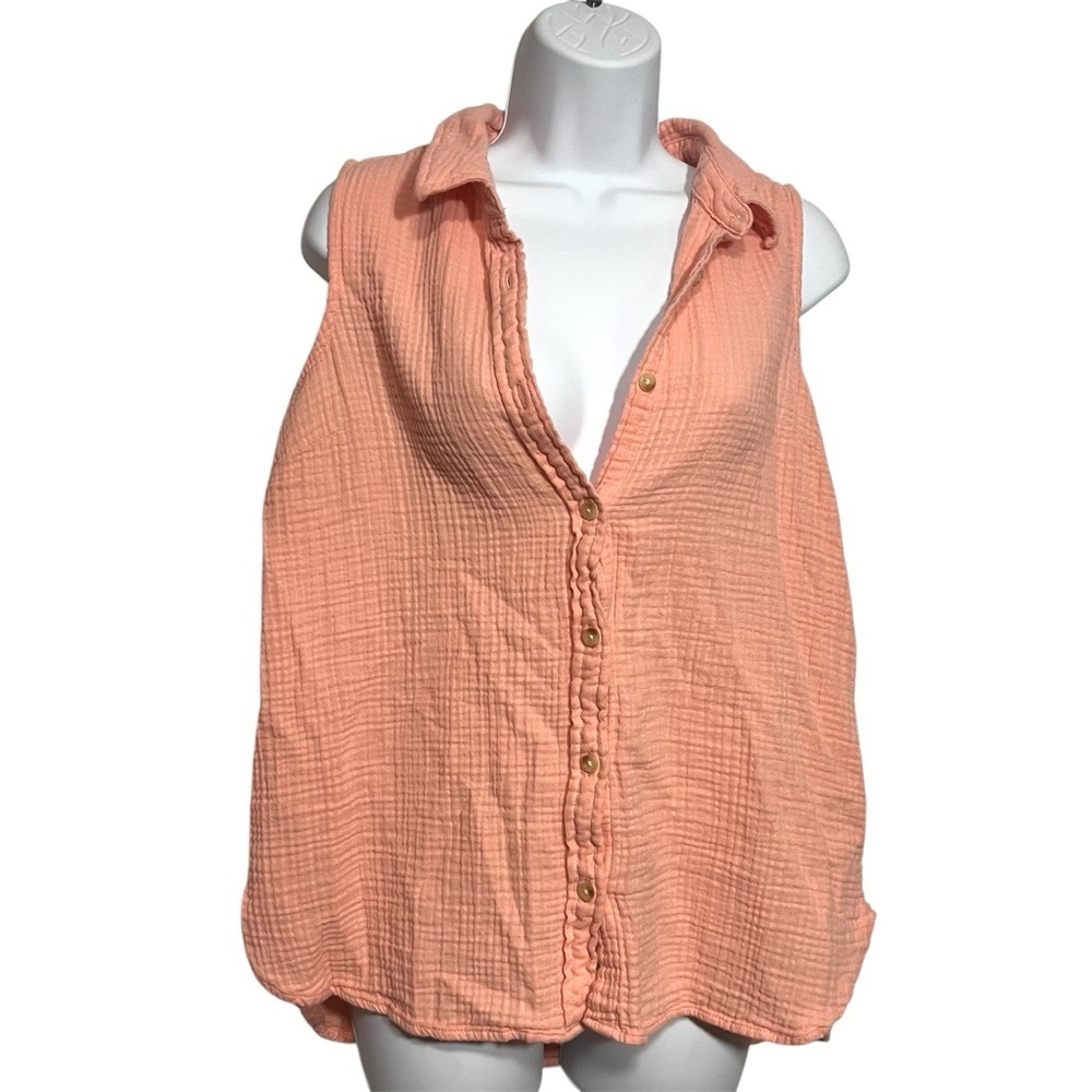 L.L. Bean Peach Sleeveless Button-Front Gauze Polo Shirt Size Medium 100% Cotton